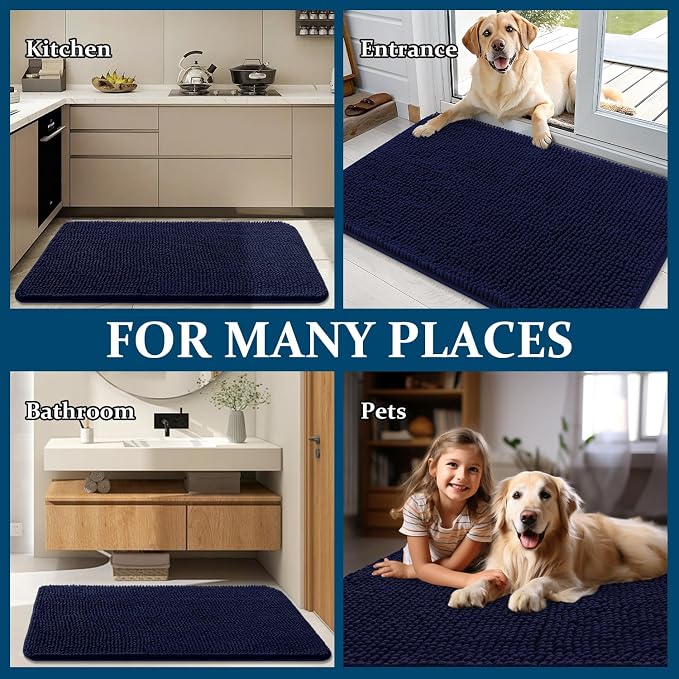 OLANLY Dog Door Mat for Muddy Paws 59x24, Absorbs Moisture and Dirt, Absorbent Non-Slip Washable Doormat, Quick Dry Chenille Mud Mat for Dogs, Entry Indoor Entryway Carpet for Inside Floor, Navy Blue