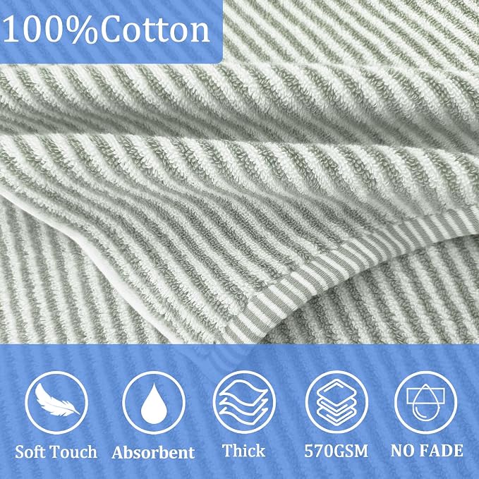 VOOVA & MOVAS Hooded Bath Towels for Kids | Soft Absorbent 100% Cotton Thick Towel Wrap | Versatile Beach, Pool, Swim & Bath Cover-Up | Green White Thin Horizontal Stripe