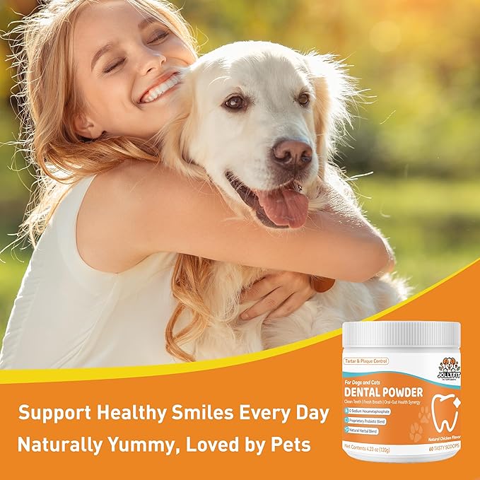 Dog Teeth Cleaning Powder - Natural Dog Dental Powder -Gentle Dog Breath Freshener, Dog Plaque and Tartar Remover, Vet Formulated No Sodium Hexametaphosphate- 60 Scoops, 4.23oz (120g)