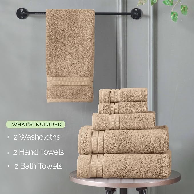 Elegant Comfort Luxury 6-Piece Towel Set, Premium Soft 100% Turkish Cotton, Three Line Popcorn Design 2 Bath Towels, 2 Hand Towels and 2 Washcloths Towel Set - Quick-Drying and Absorbent, Tan
