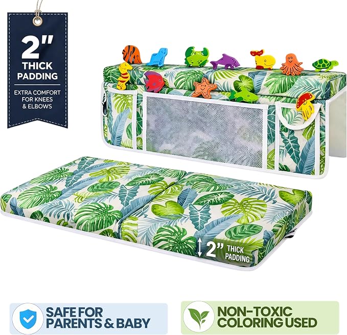 Supa Ant Bath Kneeler –8 Suction Cups & 2" Padding.Certified Non Toxic Bath Kneeling Pad for Bath Tub & 5 Bath Toy Organizer. Fast Dry Baby Bath Kneeler and Elbow Rest Pad Set Leaf