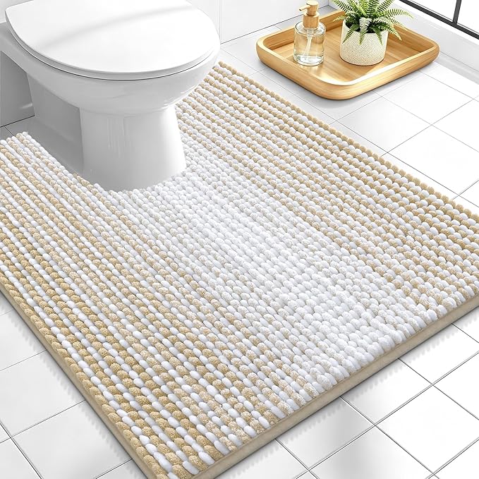 OLANLY Toilet Rugs U-Shaped 24x20, Extra Soft Absorbent Chenille Striped Contour Bathroom Rugs for Toilet, Dry Quickly, Machine Washable, Non-Slip Bath Mat, Beige