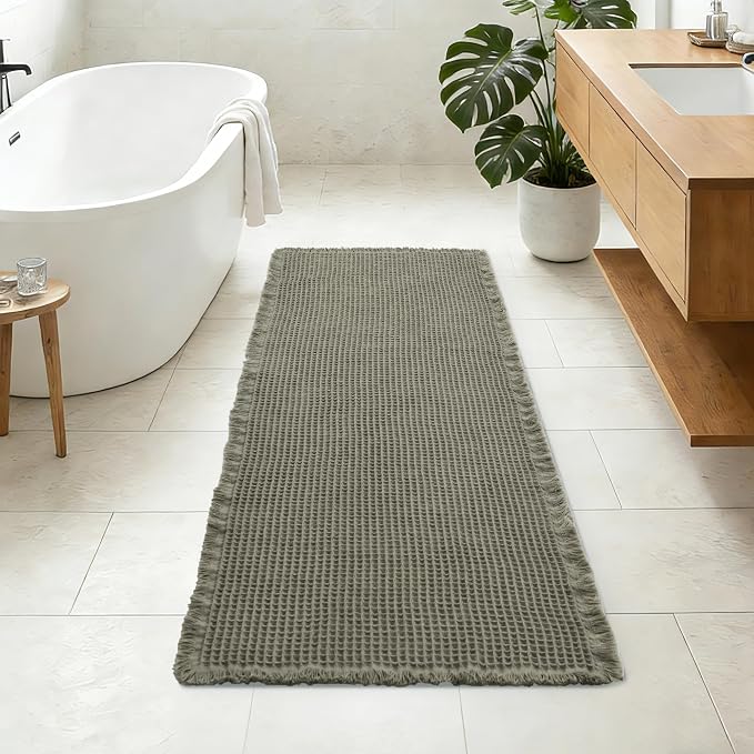 DWCN Waffle Bathroom Rug, Ultra Soft Farmhouse Rubber Backed Shower Mats, Boho Super Absorbent Non Slip Bath Mat for Bathroom Floor for Tub and Shower, 24 x 60 Inch, Olive Green