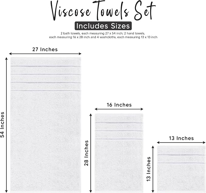 Luxury Towels for Bathroom Set of 8-2 Bath Towels 2 Hand Towels 4 Washcloths - 600 GSM 100% Cotton Ring Spun Viscose Border Towels Set - White
