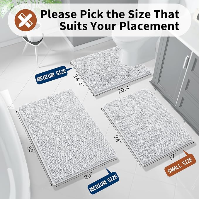 Yimobra Toilet Rugs U Shaped Washable - 24"x20" Non Slip Plush Contour Bath Rugs for Toilet - Super Soft Absorbent Quick Dry Toilet Mats for Bathroom,Silver
