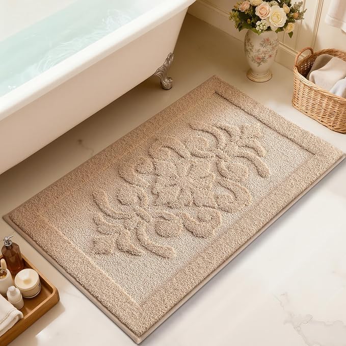 LUMI Bathroom Rugs Non Slip Rubber Backing, Ultra Soft Microfiber Bath Mat Machine Washable, Elegant Floral Bath Rugs for Shower Floor, Bathtub, Sink, 16x24, Beige