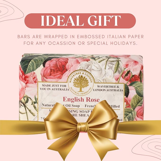 Wavertree & London English Rose Scented Natural Soap Bar, 7oz Moisturizing French Triple Milled Soap Bar for Women & Men Enriched with Organic Shea Butter, Pure Bath & Body Soap (1 Bar)
