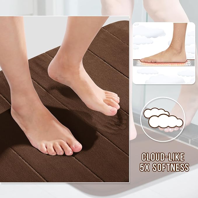 Yimobra Memory Foam Bathroom Rugs Sets 2 Piece - Super Soft Absorbent Quick Dry Bath Mat Set, Machine Washable Non Slip Floor Carpet for Tub Shower & Single Sink (17x24 & 31.5x20 Inch, Brown)