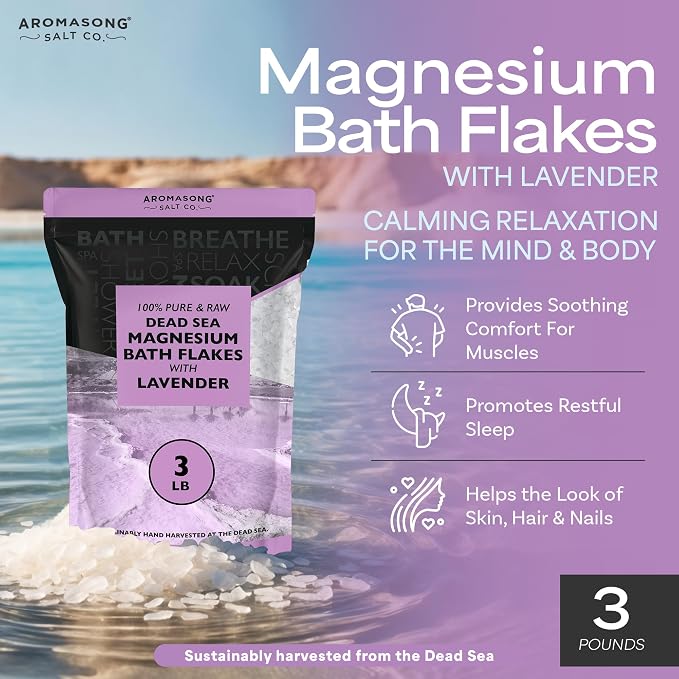 Aromasong RAW Magnesium Bath Flakes with 100% Natural Lavender, 3 LB Muscle Relaxing Organic Salts Mg Chloride, Mineral Soak. (Packaging May Vary)