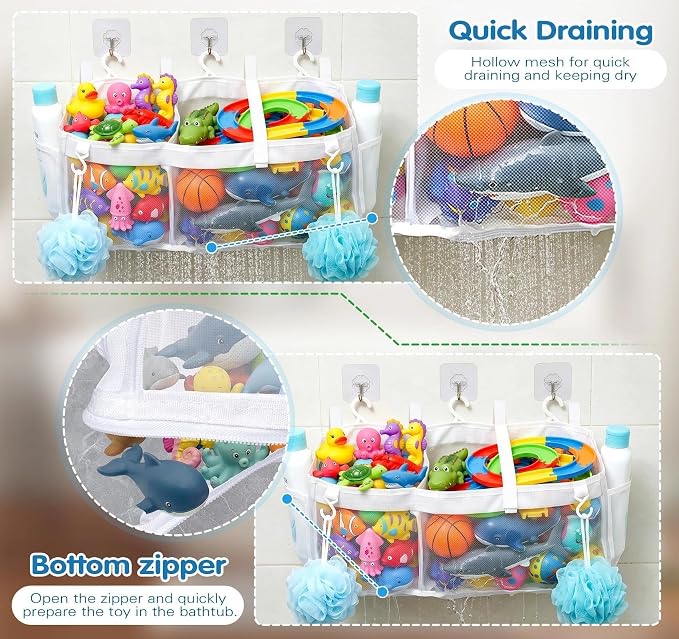 Extra Large Openings Bath Toy Organizer with 2 Compartments and Multiple Pockets, Quick-Dry Mesh Bathtub Toy Storage and Holder for Easy Access and Sorting of Toys(23.6x7.87x6IN)