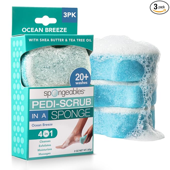 Spongables Pedi Scrub Foot Exfoliating 20+ Wash Sponge, Ocean Breeze, 3 Count