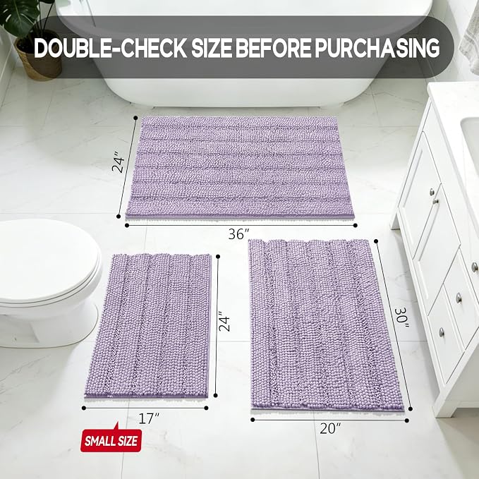 Bcoimo 24"×17" Chenille Bath Mat – Non-Slip with Backing Bath Rug Ultra-Absorbent and Machine Washable Bathroom Mat Quick-Dry Design. Ideal for Bathroom Shower and Tub Areas