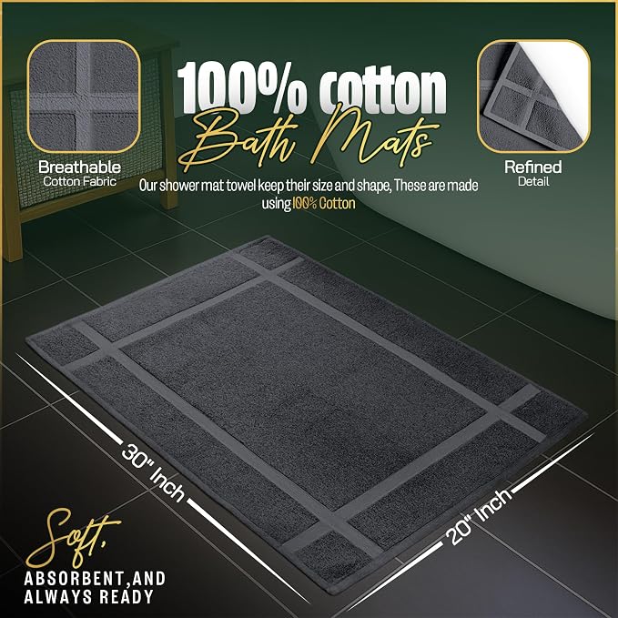 Pearl Linens 100% Ring Spun Cotton Bath Mat (Pack of 2) 20 x 30 Inch, Washable, Soft & Absorbent Terry Bathroom Floor Mat – Not Bathroom Rugs – Quick-Dry After Shower Bath Mat, 687 GSM, Dark Grey