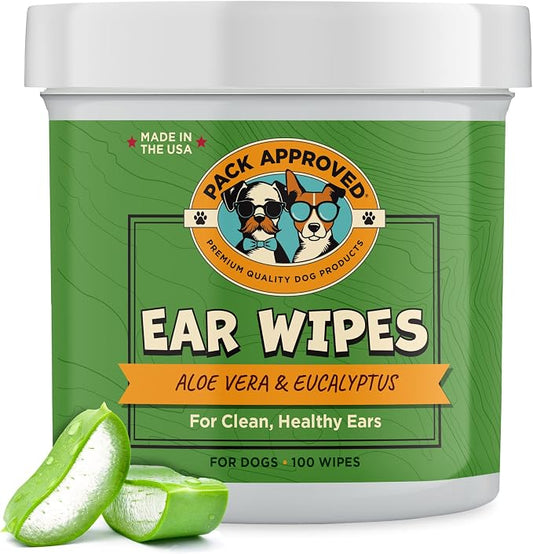 Pack Approved Ear Wipes for Dogs with Aloe Vera & Eucalyptus - Gentle Ear Cleaner for Dogs to Help Remove Wax and Odor - Convenient and Mess-Free Cleaning Pads for Dirty, Itchy Ears - 100 Wipes