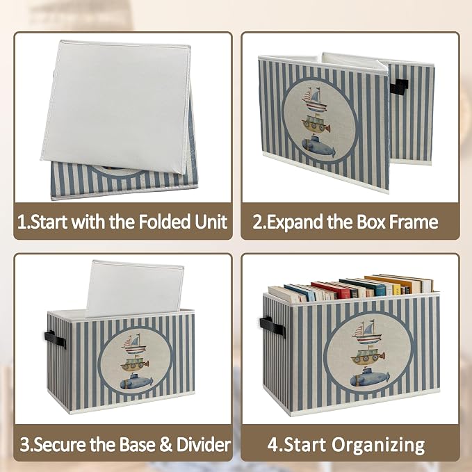 Ocean Nautical Nursery Foldable Storage Bins Box with Handles, Blue Striped Nautical Boat Collapsible Organizer Basket for Boys Kids Bedroom Bathroom Playroom Clothes Books