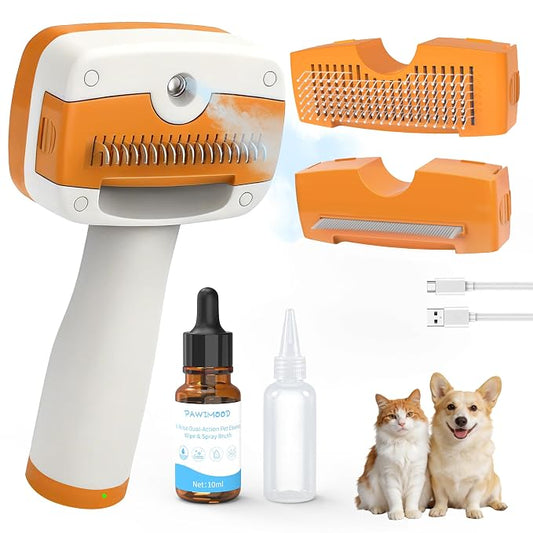 Cat Steam Brush,5-in-1 Self-Cleaning Steam Cat Brush with 3 Swap-in Heads (Grooming,Dematting,Deshedding),Spray Hair Removal Comb for Softens Fur & Reduces Static,Includes Waterless Shampoo