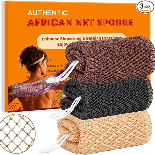 African Net Sponge Authentic, 3 Pieces African Exfoliating Net Sponge Body Back Scrubber Exfoliating Washcloth for Shower Bath for All Types (Black+Champagne Gold+Brown, 3 Pcs)