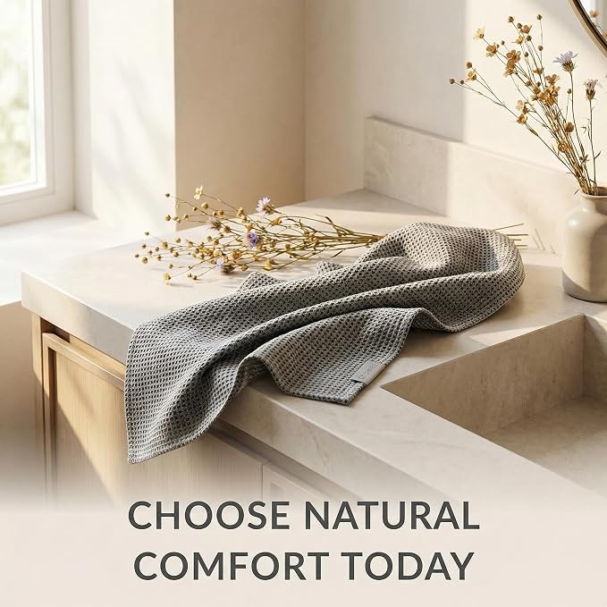 100% European Linen Hand Towels for Kitchen & Bath - Set of 2 - Waffle Weave, Highly Absorbent & Quick-Dry - 14 x 28 in - Stone Washed Flax