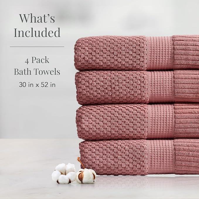 NY Loft 100% Cotton 4-Pack Bath Towel Set | Rose | Oeko-TEX | Quick-Dry | Four 30" x 52" Bath Towels | Super Absorbent | Designer-Styled Texture