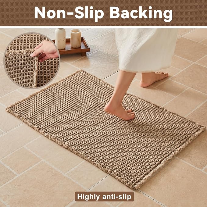 Triohero Waffle Bath Mat, Boho Bathroom Rugs Non Slip Washable, Ultra Soft Super Absorbent Quick Dry Farmhouse Bathroom Decor, 24" x 36", Beige