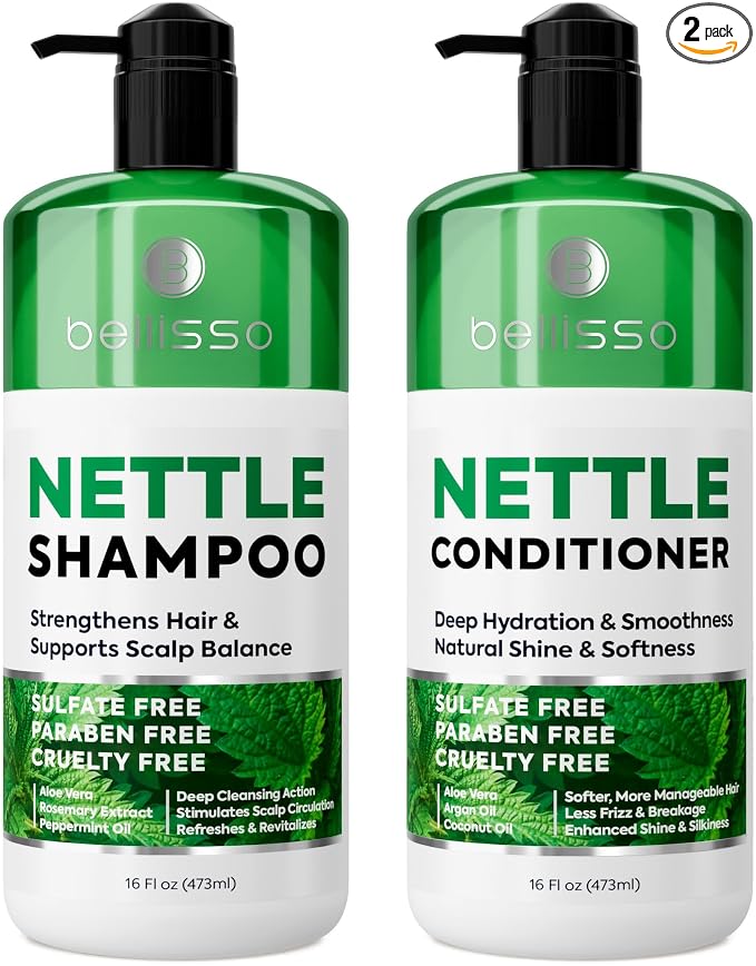Nettle Shampoo and Conditioner Set - Sulfate Free to Boost Volume - Thickening, Strengthening, Volumizing Formula for Fine and Thinning Hair Women and Men - 16 Fl Oz (Pack of 2)