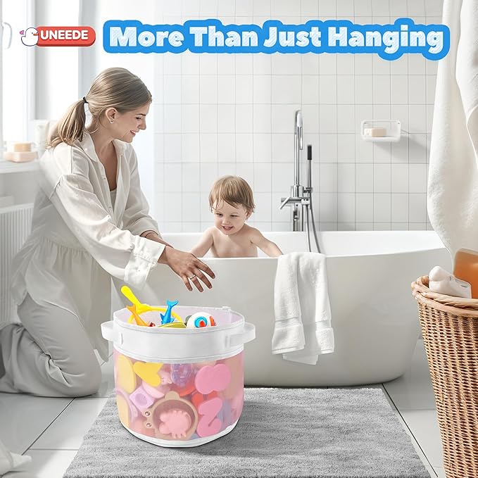 UNEEDE Bath Toy Organizer,1.55 Gallons Bathtub Toy Storage Organizer,Quick Access Bath Toy Holder for Bathtub,Baby Organizer and Storage,Quick Dry Baby Toy Storage for Tub,Mesh Shower Caddy(Pink)