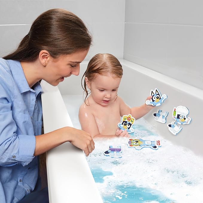 Tomy Toomies Bluey Bath Puzzle - Mix and Match Bluey Puzzle - Foam Toddler Bath Toys - Includes Mesh Bag Bath Toy Storage with Suction Cups - 8 Count - 18 Months and Up