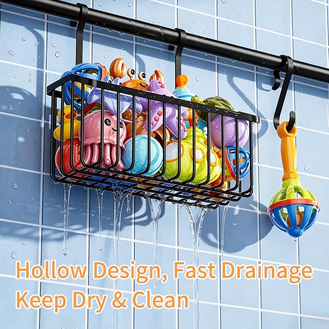 KEGII Over-the-Tub Bath Toy Storage, Adjustable 61-82.67 Inch Bathtub Toy Organizer Holder with 3 Baskets and Hooks, Large Capacity Kids Bath Toy Storage Rack for Easy Sorting and Drainage, Black
