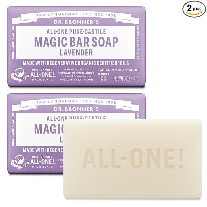 Dr. Bronner's Pure-Castile Magic Bar Soap - Made with Regenerative Organic Certified Oils - For Face, Body, Hair- Gentle on Sensitive Skin - Vegan Soap Bars for Men & Women - Lavender, 2 Pack, 5oz