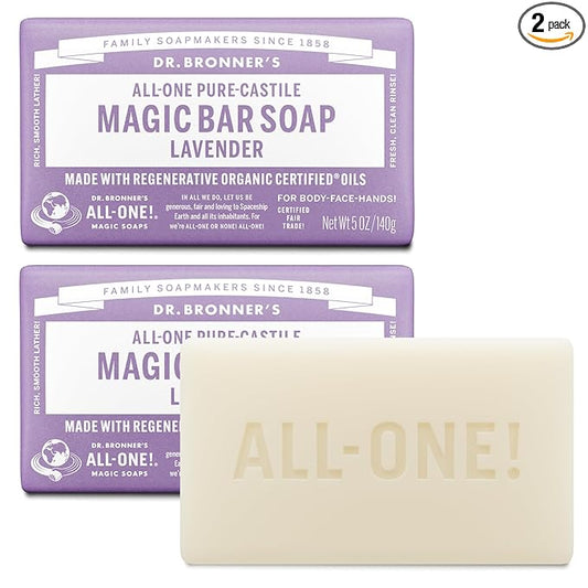 Dr. Bronner's Pure-Castile Magic Bar Soap - Made with Regenerative Organic Certified Oils - For Face, Body, Hair- Gentle on Sensitive Skin - Vegan Soap Bars for Men & Women - Lavender, 2 Pack, 5oz