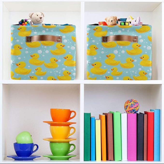 Wamika Yellow Duck Cute Storage Basket Fabric Bathroom Baskets Blue Bath Bubble Open Home Storage Bins Boxes Foldable Organizer Bag for Baby Cloth Pet Toy Book Shelf Closet Baskets 16×12×8 Inches