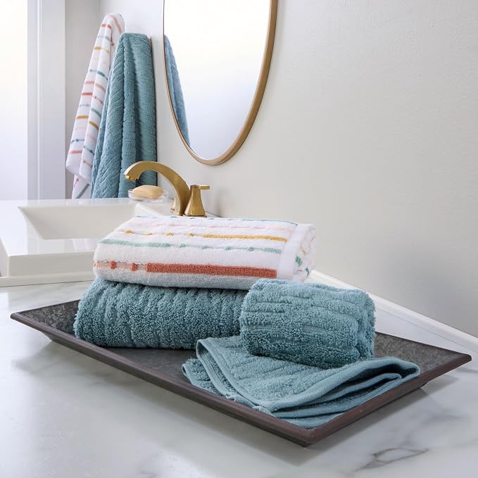 SKL Home CloudSoft/Modesto Stripe 100% Cotton Luxury 6-Piece Towel Set - 600 GSM, Ultra Plush & Absorbent, Reversible - 2 Bath Towels, 2 Hand Towels, 2 Washcloths, Teal/Multi