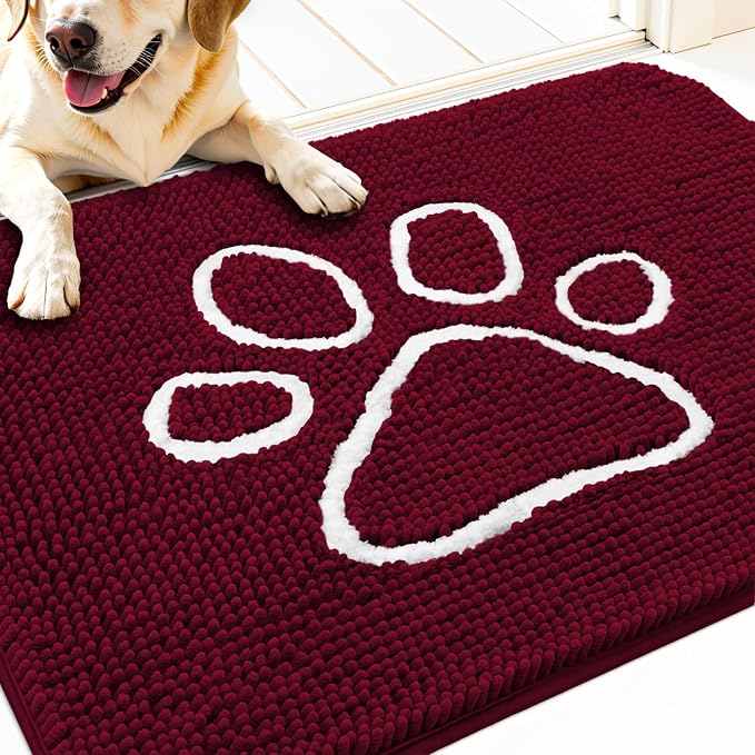 OLANLY Dog Door Mat for Muddy Paws 70x35, Paw Print Design, Absorbs Moisture and Dirt, Absorbent Non-Slip Washable Doormat, Quick Dry Chenille Mud Mat for Dogs, Entry Indoor Entryway Carpet, Burgundy