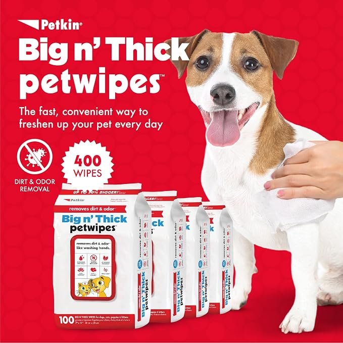 Petkin Pet Wipes for Dogs and Cats - 400 Large Wipes - Removes Dirt & Odor - Cleans Ears, Face, Butt, Eye Area - Convenient for Home or Travel - 4 Packs