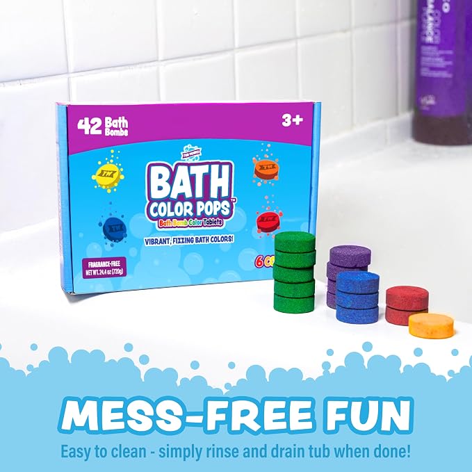 Tub Works® Bath Color Pops™ Moisturizing Kids Bath Bombs, 42 Count | Bath Bomb Refills for Bath Color Brush | Nontoxic & Fragrance-Free | 6 Unique Colors | Fizzy, Vibrant Water Color Tablets