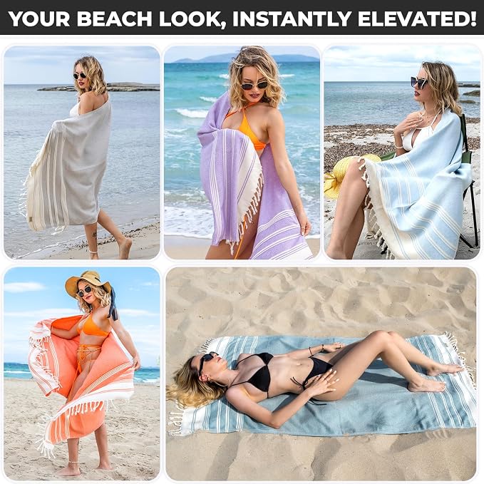 DEMMEX Organic Turkish Cotton Ultra Soft Bath and Beach Towel - Luxury Oversized Peshtemal for Bathroom and Beach - Lightweight Quick-Drying Beach Towel - Prewashed, Diamond Weave, 71x36'' (Sky Blue)