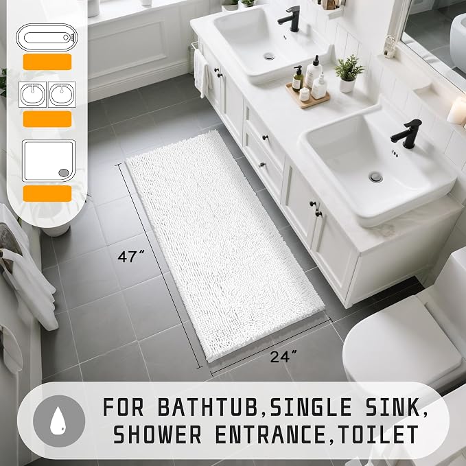 Yimobra Long Bathroom Rugs 47"x24", Extra Soft Non Slip Bath Mat for Tub, Super Absorbent Quick Dry Shaggy Rug Floor Carpet, Machine Washable,White