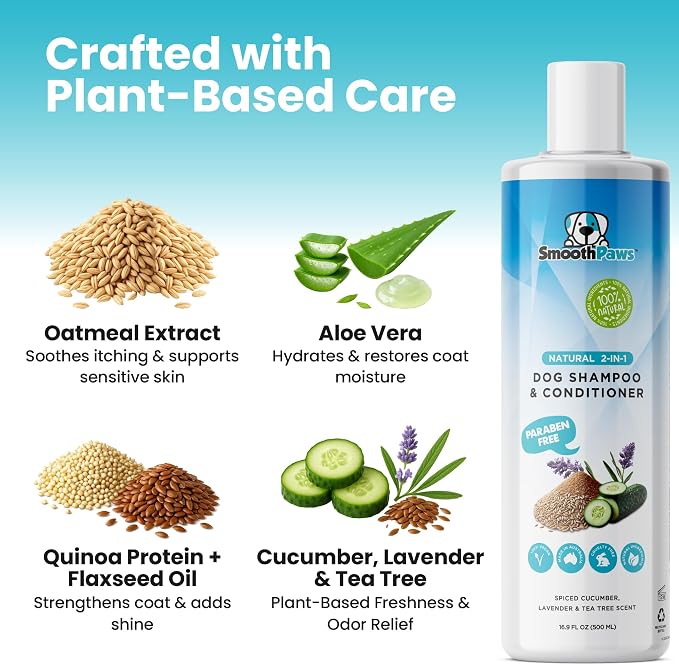 2-in-1 Natural Dog Shampoo & Conditioner – pH-Balanced for Dogs & Puppies | Gentle Oatmeal & Aloe Vera Formula for Sensitive Skin | Spiced Cucumber, Lavender & Tea Tree Scent | 16.9 oz |