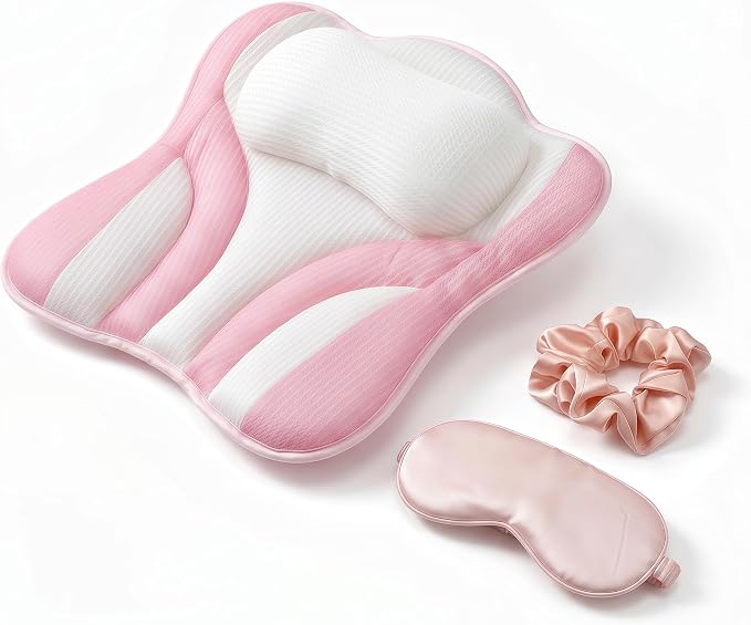 Upgraded Bath Pillows,Bathtub Pillows for Head and Neck Support,Bath Pillows for Tub with Soft 5D Breathable Mesh Fabric Nonslip Suction Cups,Relaxing Bath Accessories Spa Gifts .(Pink White)