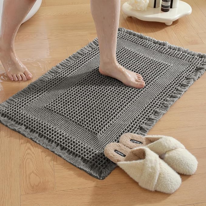 Waffle Bath Mat - Super Water Absorbing Bath Mat Quick Dry, Bathroom Rugs Non Slip Washable with Tassels, Rubber Backed Bathroom Mat for Bathroom Floor, Tub and Shower, 17" x 24", Dark Grey