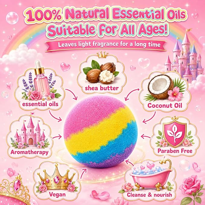 Bath Bombs for Kids: 12 Pcs Princess Bath Bombs with Toys Inside, Kids Bath Bomb Rich in Natural Essential Oils, Organic Bath Bomb Gift Set for Dry Skin Moisturize, Summer Party Favors for Girls