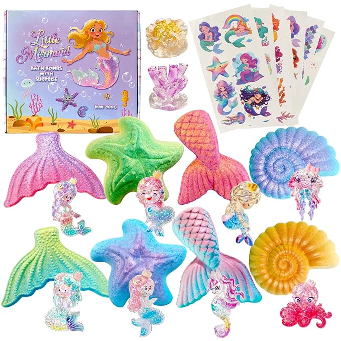 Clear&Fresh Mermaid Bath Bombs for Kids with Surprise Toys Inside, 9 Extra Large Bath Salts with Calming and Long-Lasting Scent, Natural Bubble Bath Bombs for Girls Sensitive Skin