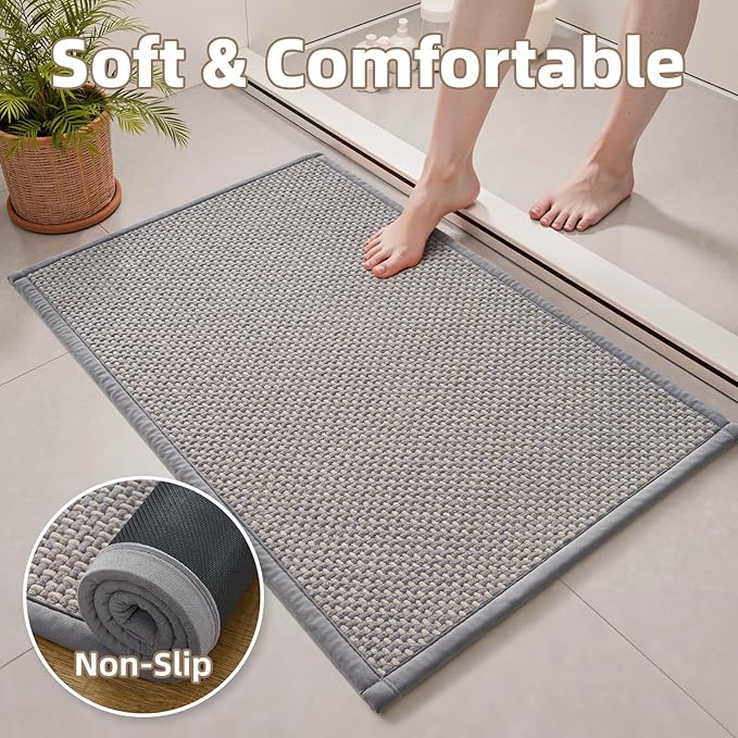 PADOOR-Bath Mat-Super Absorbent Chenille Bathroom Mats-Rubber Backed Bath Mats for Bathroom Non Slip, Easy Clean Bathroom Rugs Front of Bathtub,Shower Room,Sink-17×28, Grey&Beige