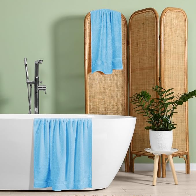 BELZZI Home Ultra Soft 4 Pack Oversized Bath Towel Set 27x54, Cotton Compact Bath Towels, Highly Absorbant Eco-Friendly Quickdry & Lightweight Towel, Ideal for Gym Travel Camp Pool - Sky Blue