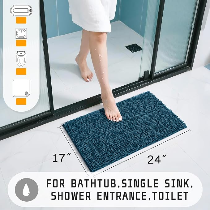 Yimobra Washable Bathroom Rugs, Super Soft & Absorbent Chenille Bath Mat for Floor & Carpet, Quick Dry Non Slip Bath Mat for Tub Shower, 24" x 17",Peacock Blue