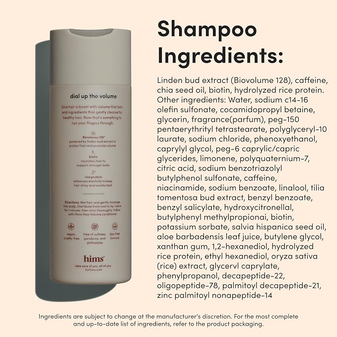 hims Max Volume Shampoo & Conditioner Set - Biovolume 128, Biotin, & Argan Oil - Root Lift & Moisturizing for Fine Hair - Sulfate-Free, Paraben-Free, Vegan - Citrus Spice Scent - 6.4 Fl Oz Each