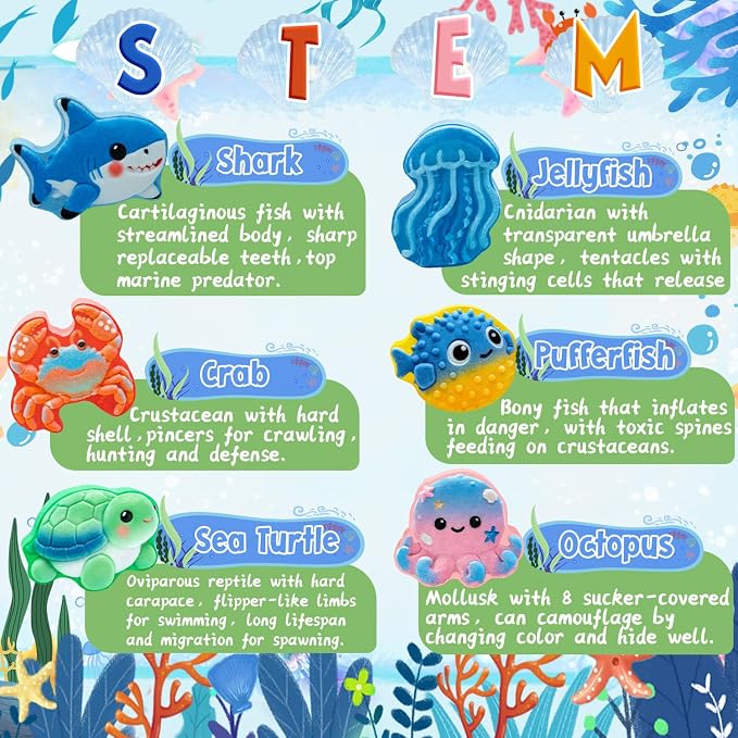 Bath Bombs for Kids Marine Animal Shaped, STEM 6 Pack Natural Organic Handmade Fizz Bubble Bath, Gentle Skin Friendly Bath Bomb Gift Set for Boys Girls Birthday, Kids Bath Time Fun