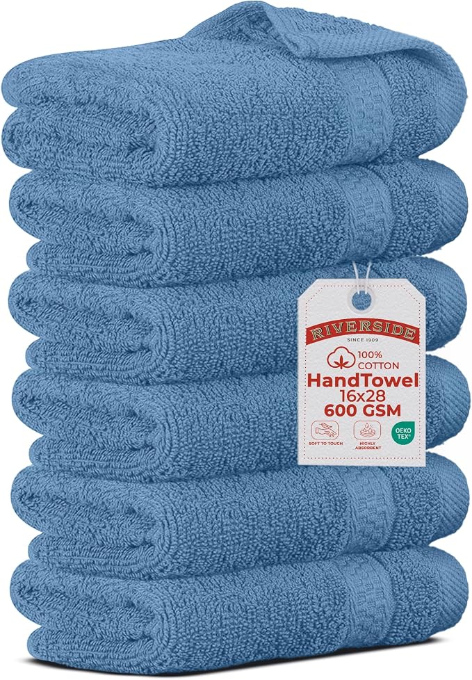 RIVERSIDE 6-Pack Premium Hand Towels Set, 16x28 inches, 100% Ring Spun Cotton, Super Soft, Quicker to Dry and Highly Absorbent, Towels for Bathroom, Kitchen, Gym, Spa, Electric Blue