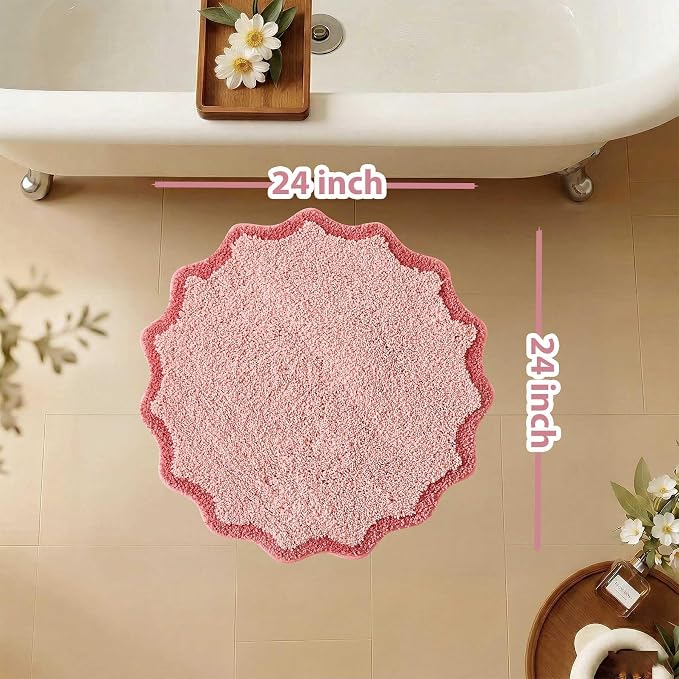 ORTIGIA Cute Pink Scalloped Bath Mat, Quick Dry Bath Rug Absorbent Soft Plush Microfiber Bathmat for Bathroom Floor Carpet for Sink Bedroom, 24x24
