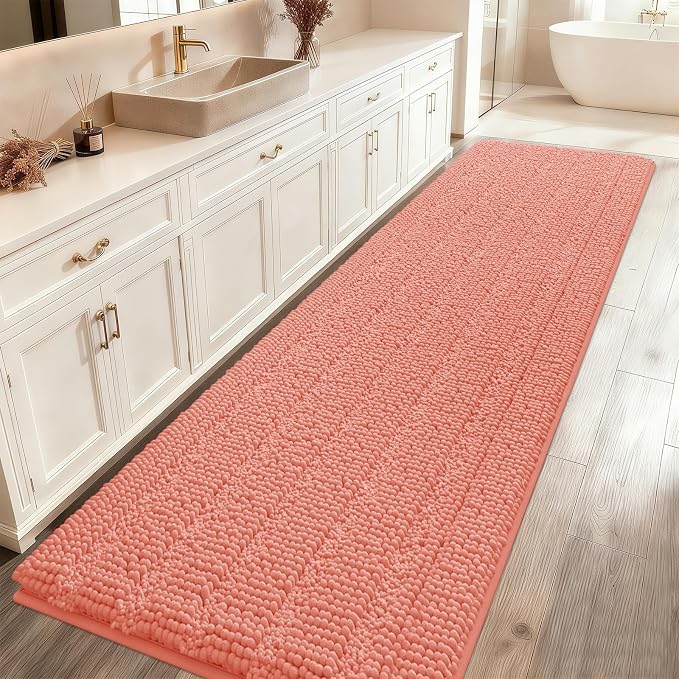 ACCUMTEK Striped Coral Bathroom Rug Mat 59"x24" Ultra Soft, Non Slip Chenille Bath Rugs, Absorbent Plush Shaggy Bath Mats for Bathroom, Bedroom, Kitchen, Shower, Tub